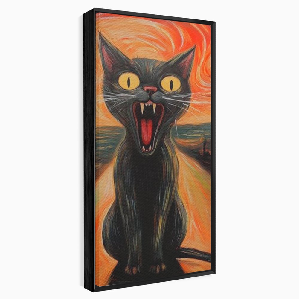 Tablou canvas cu tablou canvas cu pisica neagra care urla, in rama de aluminiu negru